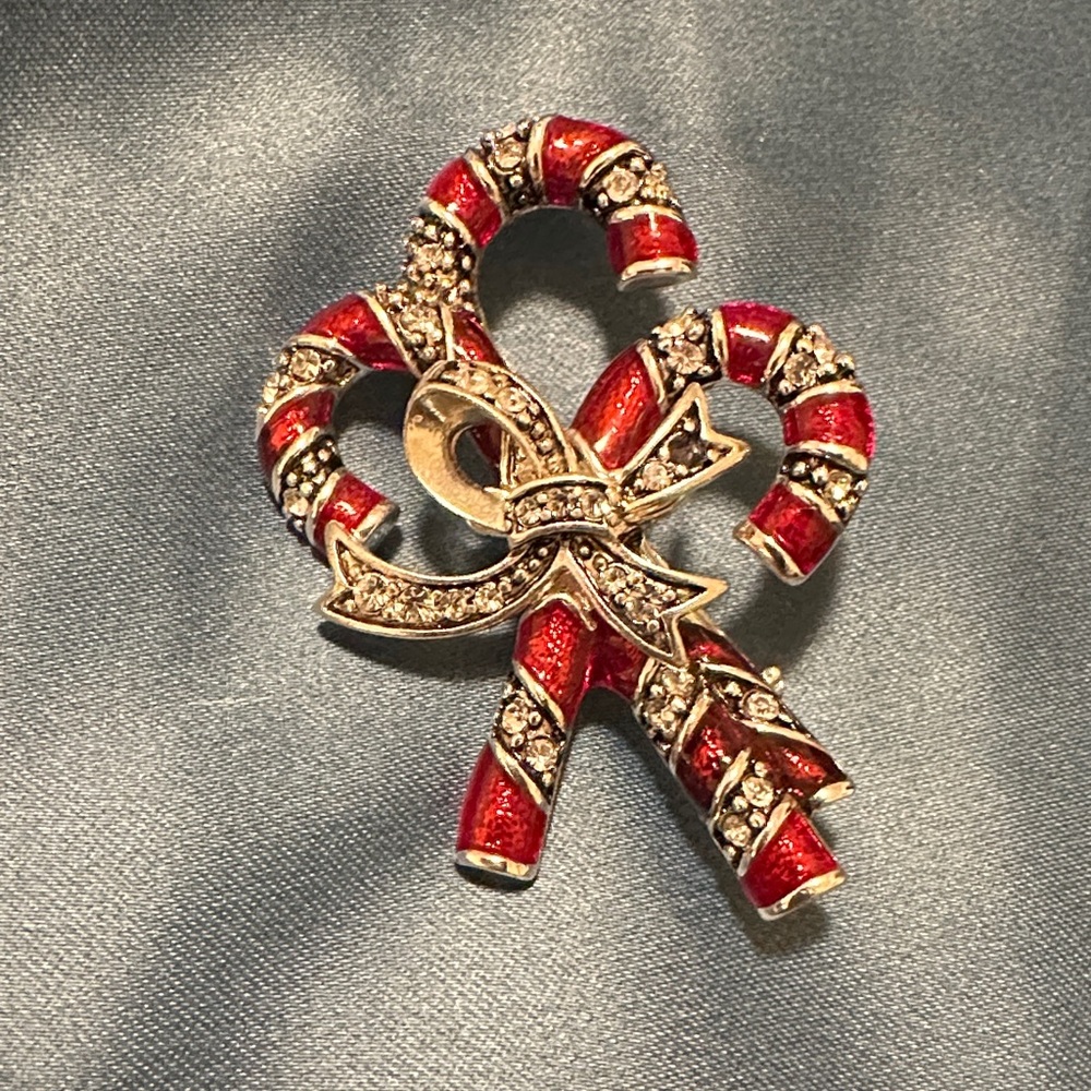 Vintage Monet Candy Cane Brooch With Red Enamel And Rhinestones
